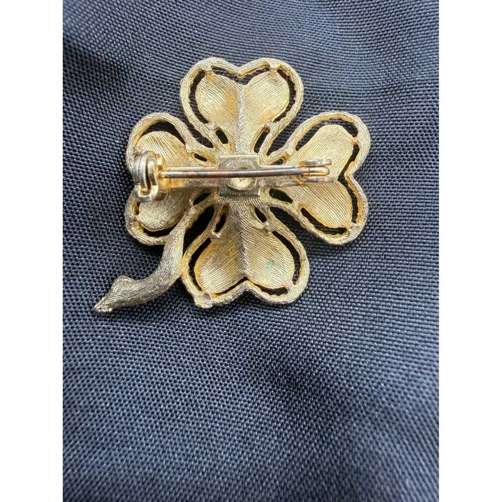 Vintage Gold Tone Four Leaf Clover Brooch Yellow Green Enamel Lucky Shamrock Pin